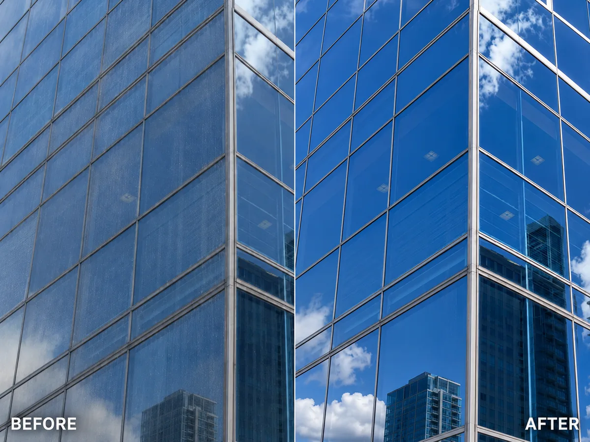 Before and after building glass cleaning with clear blue reflections